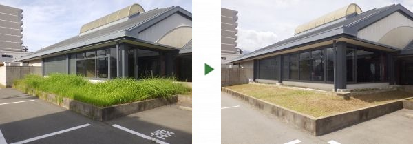 飲食店前の植え込み50㎡と駐車場内の「草刈り」を1人1日で実施した事例｜大阪府大阪市鶴見区K様